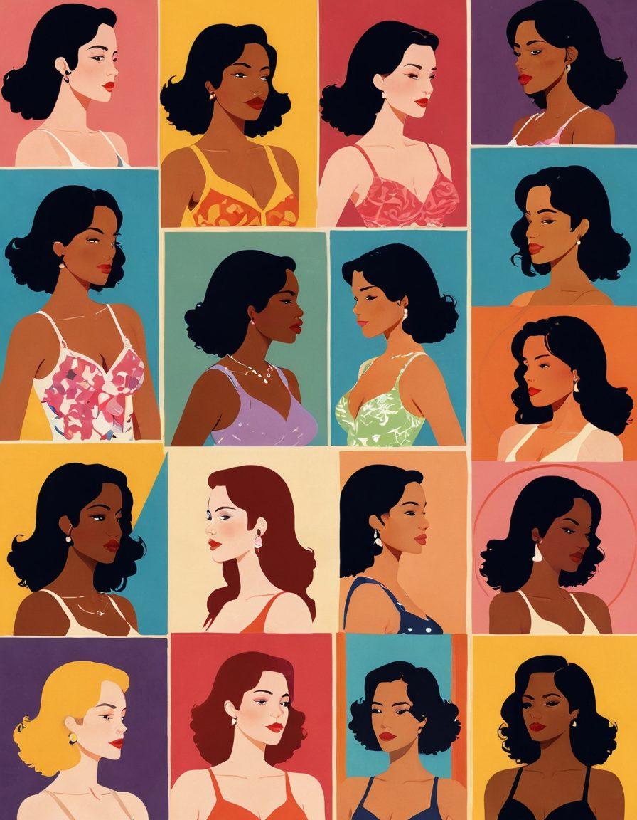 An artistic representation of iconic film scenes showcasing diverse female characters, emphasizing the allure of female anatomy with stylized silhouettes of breasts integrated into the background. Surround the central figures with elements from pop culture like vintage movie posters, film reels, and musical notes, celebrating femininity and empowerment. Use vibrant colors and a dreamy atmosphere to evoke emotional depth. vector art. vibrant colors.